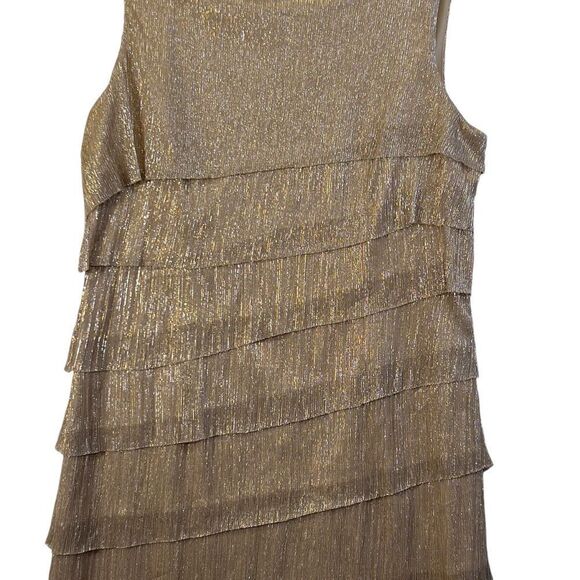 Dress Barn Champagne Metallic Gold Tiered Lined Sleeveless Dress 12 flapper - Picture 3 of 16
